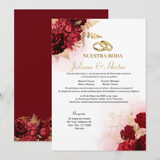 Elegant Nuestra Boda Red Floral Wedding Invitation Kaart (Voorkant / Achterkant)
