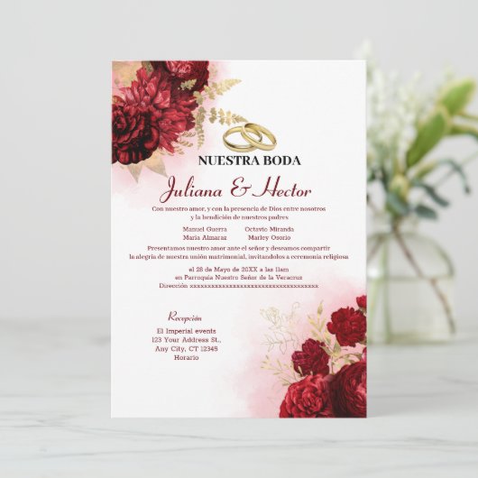 Elegant Nuestra Boda Red Floral Wedding Kaart (Staand voorkant)