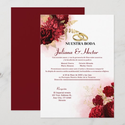 Elegant Nuestra Boda Red Floral Wedding Kaart (Voorkant / Achterkant)