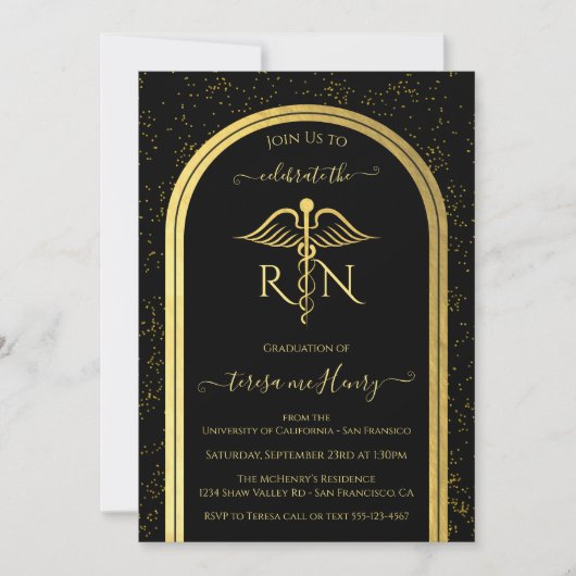 Elegant Nurse Medical Graduation Party Gold Black Kaart (Voorkant)