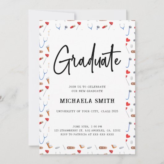 Elegant Nurse Medical Pattern Afstuderen Foto Kaart (Voorkant)