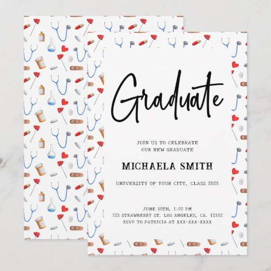 Elegant Nurse Medical Pattern College Afstuderen Kaart (Voorkant / Achterkant)