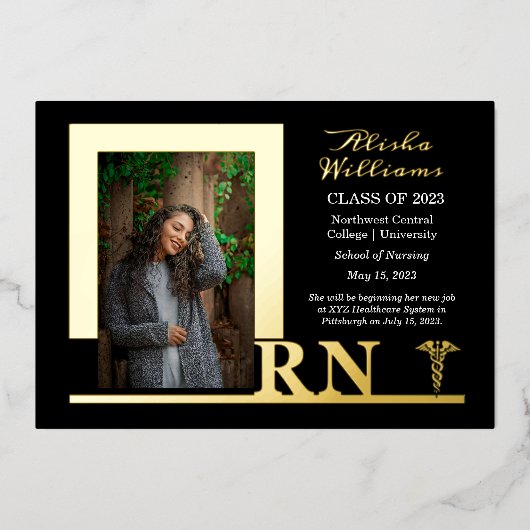 Elegant Nurse RN Caduceus Foto Afstuderen Black Folie Uitnodiging (Voorkant)