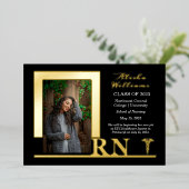 Elegant Nurse RN Caduceus Foto Afstuderen Black Folie Uitnodiging (Staand Voorkant)
