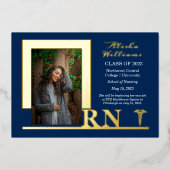 Elegant Nurse RN Caduceus Foto Afstuderen Blue Folie Uitnodiging (Voorkant)