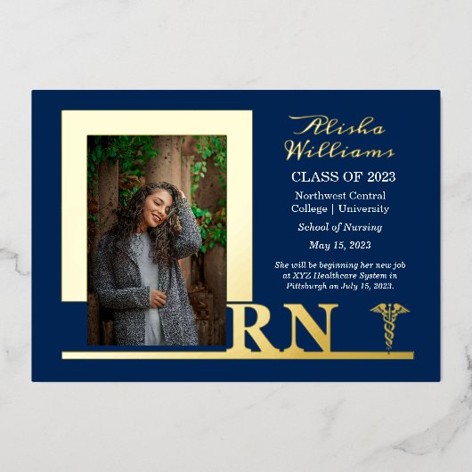 Elegant Nurse RN Caduceus Foto Afstuderen Blue Folie Uitnodiging (Voorkant)