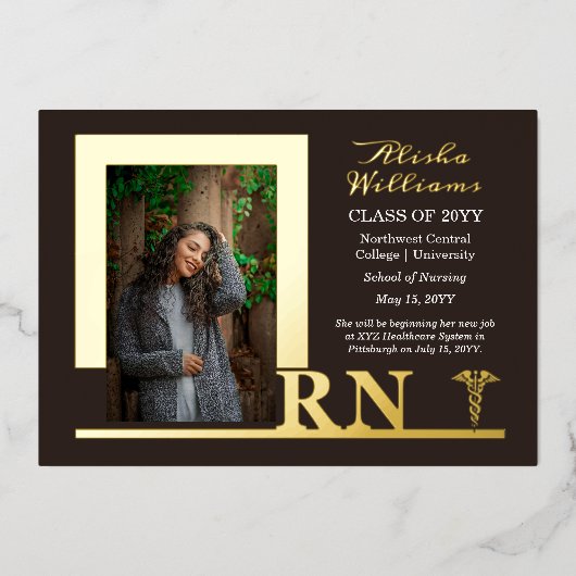 Elegant Nurse RN Caduceus Foto Afstuderen Brown Folie Uitnodiging (Voorkant)