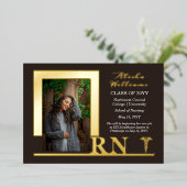 Elegant Nurse RN Caduceus Foto Afstuderen Brown Folie Uitnodiging (Staand Voorkant)