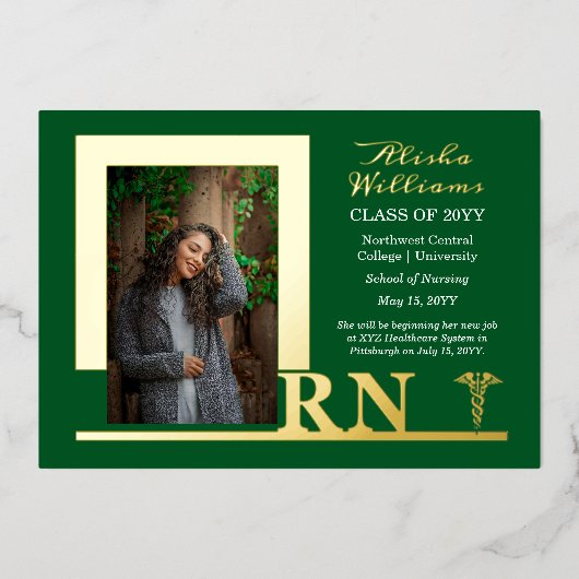 Elegant Nurse RN Caduceus Foto Afstuderen Groen Folie Uitnodiging (Voorkant)