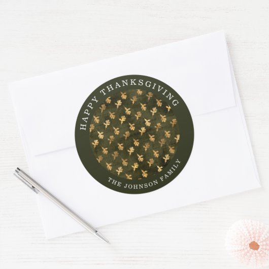 Elegant Oak Leaves Green Thanksgiving Ronde Sticker (Envelop)