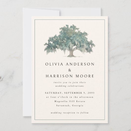 Elegant Oak Tree Green QR Code Southern Wedding Kaart (Voorkant)