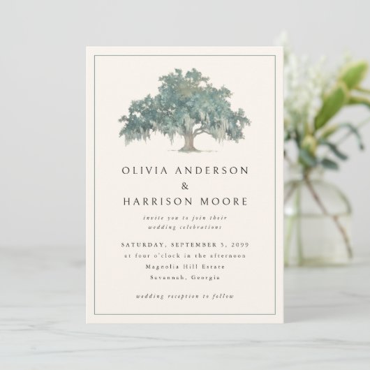 Elegant Oak Tree Green QR Code Southern Wedding Kaart (Staand voorkant)