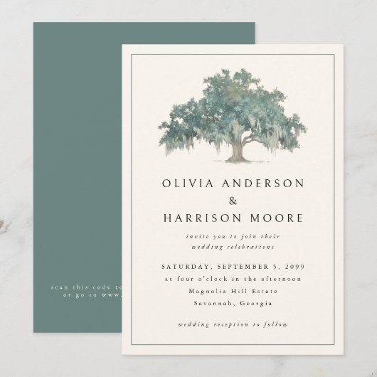 Elegant Oak Tree Green QR Code Southern Wedding Kaart (Voorkant / Achterkant)