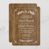 Elegant Oak Wood Monogram Wedding Invitaties Kaart (Voorkant / Achterkant)