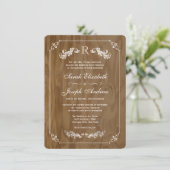 Elegant Oak Wood Monogram Wedding Invitaties Kaart (Staand voorkant)