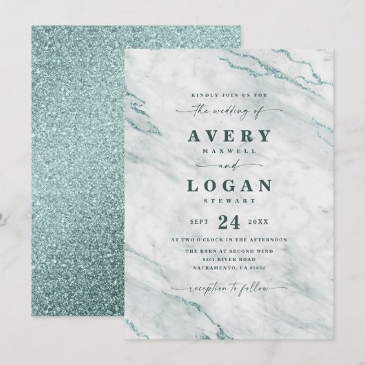 Elegant Ocean Aqua Marble & Glitter Wedding Kaart (Voorkant / Achterkant)
