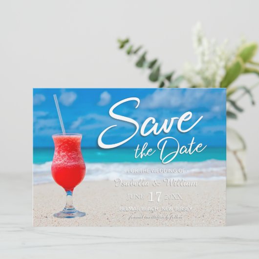 Elegant Ocean Beach Summer Drink Save the Date (Staand voorkant)