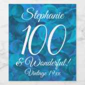 Elegant Ocean Blue 100 & Wonderful Birthday Party Wijn Etiket (Enkel label)