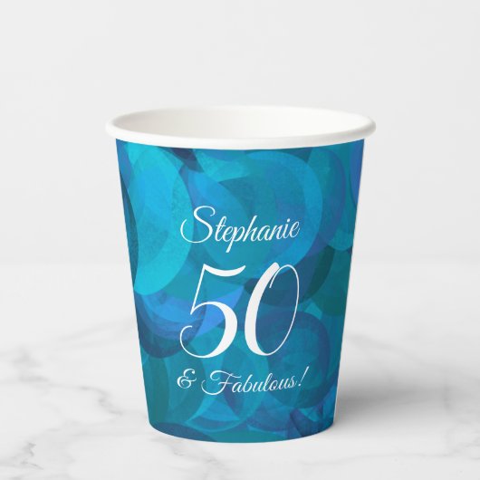 Elegant Ocean Blue 50 en Fabulous Birthday Party Papieren Bekers (Achterkant)