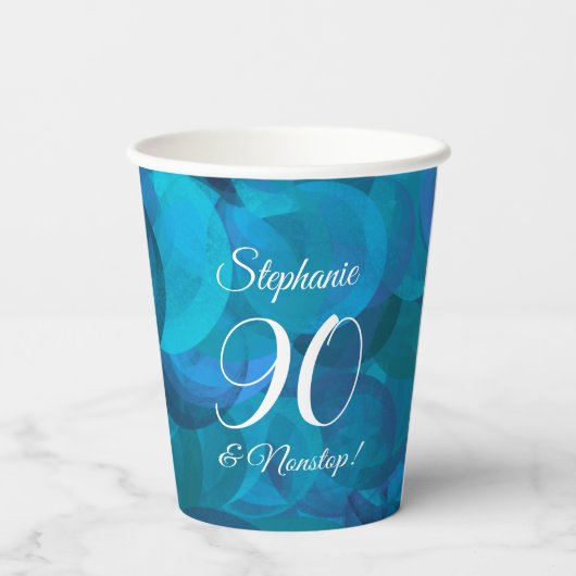 Elegant Ocean Blue 90 en Nonstop Birthday Party Papieren Bekers (Achterkant)