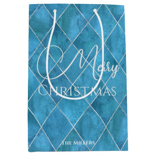 Elegant Ocean Blue Argyle Patroon Vrolijk Kerstfee Medium Cadeauzakje (Voorkant)