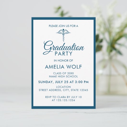 Elegant Ocean Blue Caduceus Pharmacist Afstuderen Kaart (Staand voorkant)
