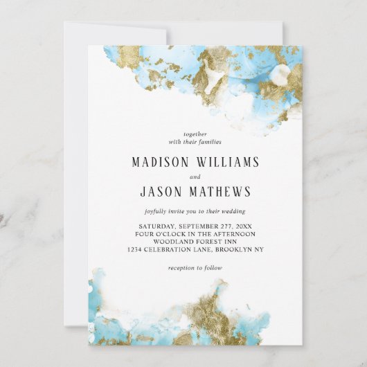 Elegant Ocean Blue Gouden folie Monogram Bruiloft Kaart (Voorkant)