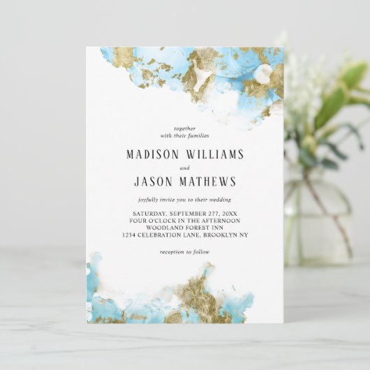 Elegant Ocean Blue Gouden folie Monogram Bruiloft Kaart (Staand voorkant)