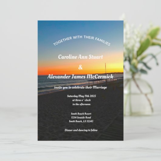 Elegant Ocean Sunset Beach Summer Zee Weddenschap Kaart (Staand voorkant)