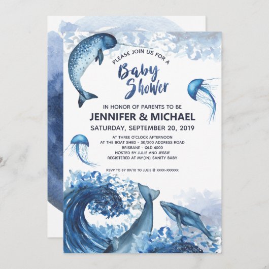 Elegant Ocean Waterverf Baby shower Kaart (Voorkant / Achterkant)