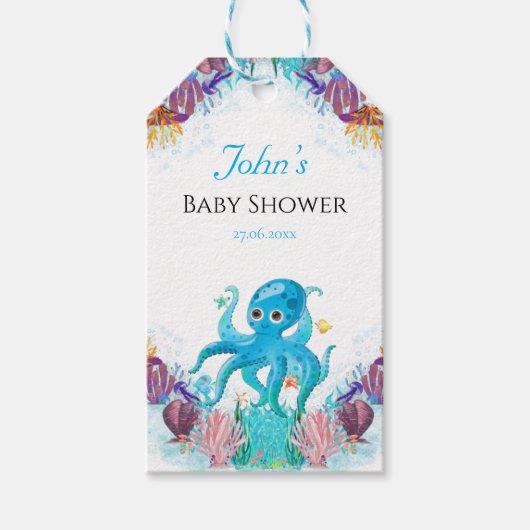Elegant Ocean Zee Octopus Baby shower Birthday Gif Cadeaulabel (Voorkant)