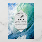 Elegant oceanische blauwe golven Weddenschap Folie Folie Uitnodiging (Voorkant)