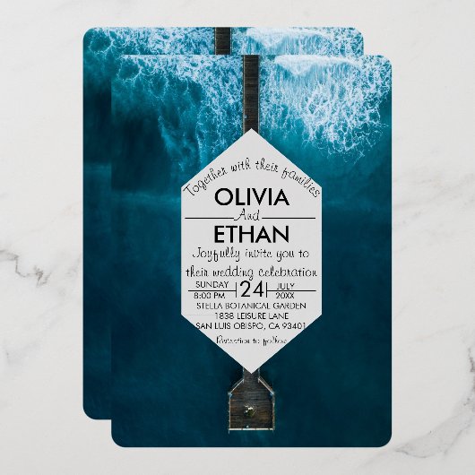 Elegant oceanische blauwe golven Weddenschap Folie Folie Uitnodiging (Voorkant / Achterkant)