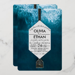Elegant oceanische blauwe golven Weddenschap Folie Uitnodiging