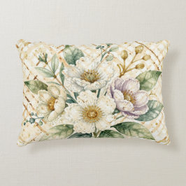 Elegant Off White Flowers, Gold Lattice Pattern Accent Kussen