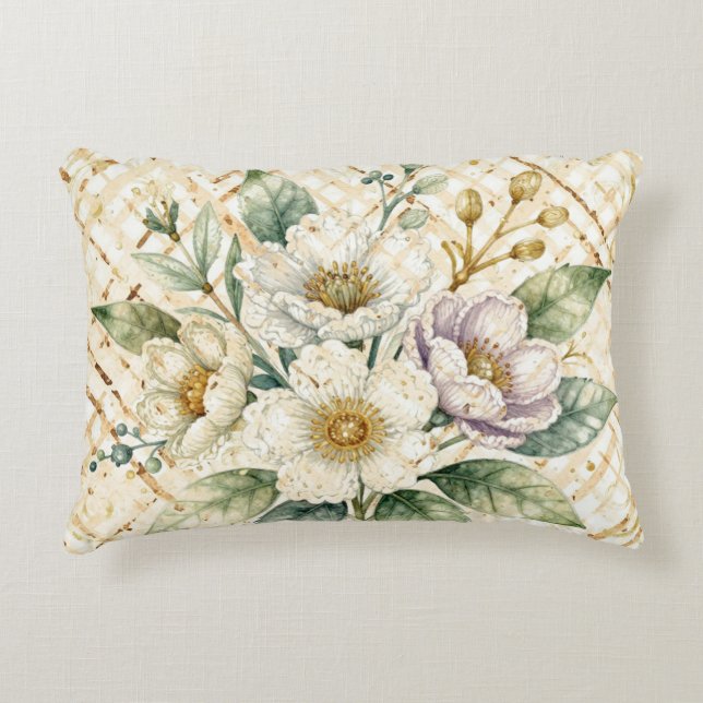 Elegant Off White Flowers, Gold Lattice Pattern Accent Kussen (Voorkant)