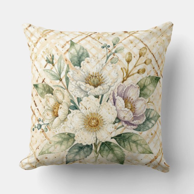 Elegant Off White Flowers, Gold Lattice Pattern Kussen (Voorkant)
