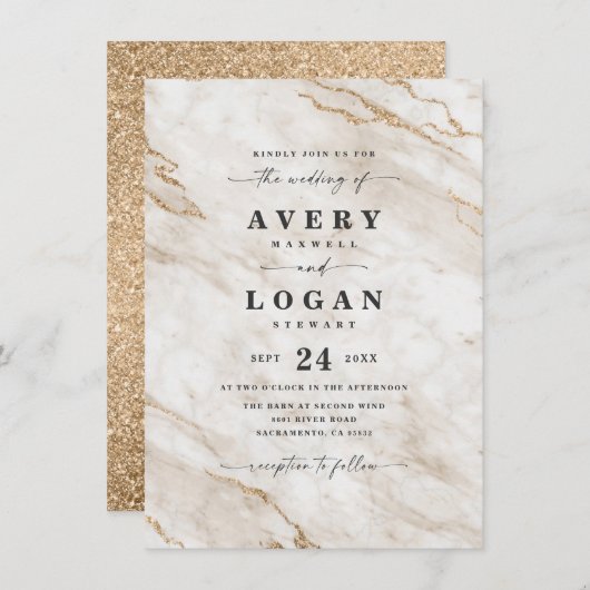 Elegant off White & Gold Marble & Glitter Wedding Kaart (Voorkant / Achterkant)