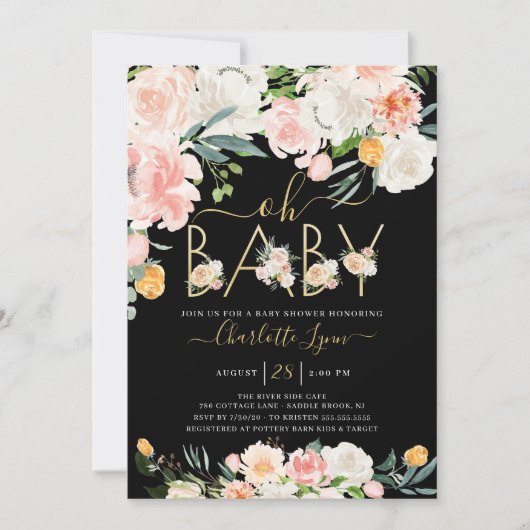 Elegant Oh Baby Blush Roze Goud Bloemen Baby showe Kaart (Voorkant)