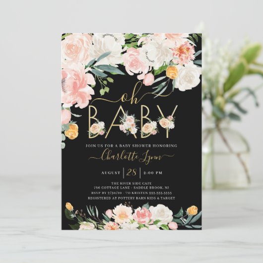 Elegant Oh Baby Blush Roze Goud Bloemen Baby showe Kaart (Staand voorkant)