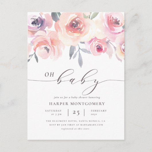 Elegant Oh Baby Lettering Floral Baby Girl Shower Uitnodiging Briefkaart (Voorkant)