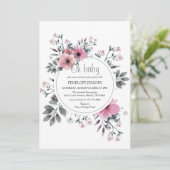 Elegant "Oh Baby" Roze en grijze Floral Baby showe Kaart (Staand voorkant)