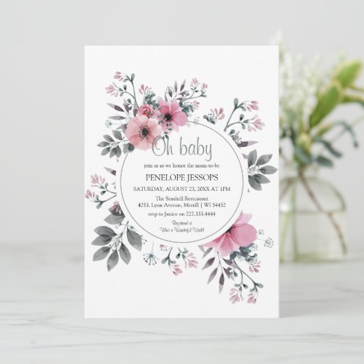 Elegant "Oh Baby" Roze en grijze Floral Baby showe Kaart (Staand voorkant)
