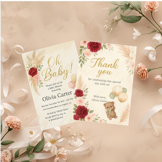 Elegant Oh Baby Shower Invitation with Teddy Bear  Kaart