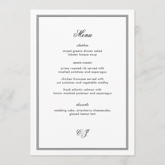 Elegant Old Money Black and White Wedding Menu (Voorkant)