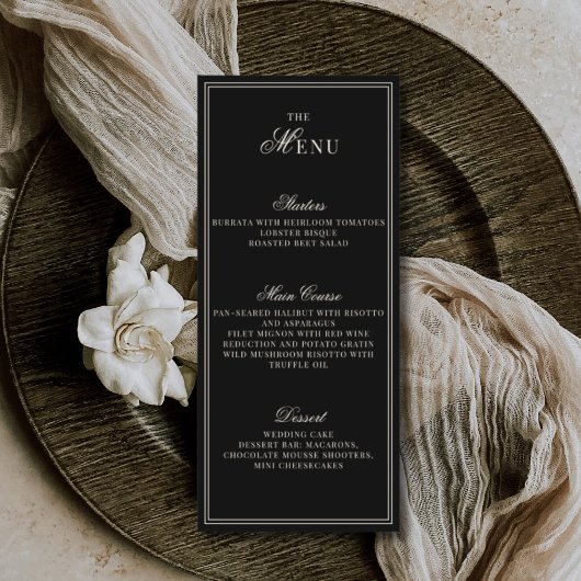 Elegant Old Money Black Ivory Checkered Wedding Menu