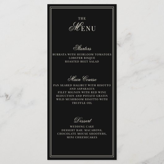 Elegant Old Money Black Ivory Checkered Wedding Menu (Achterkant)
