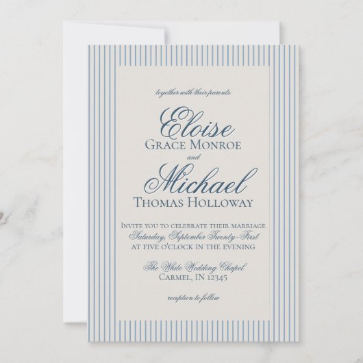 Elegant Old Money Script Blue Stripe Wedding Kaart (Voorkant)
