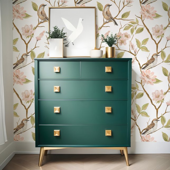 Elegant olieverfschilderij Vogel & tak Roze Bloem Behang (Elegant Oil Painting Bird & Branch Pink Floral Wallpaper)