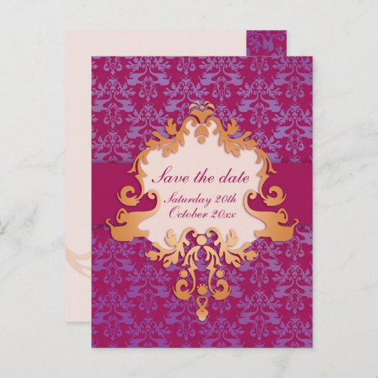 Elegant olifant behalve de datum paars/goudkaart aankondigingskaart (Voorkant / Achterkant)